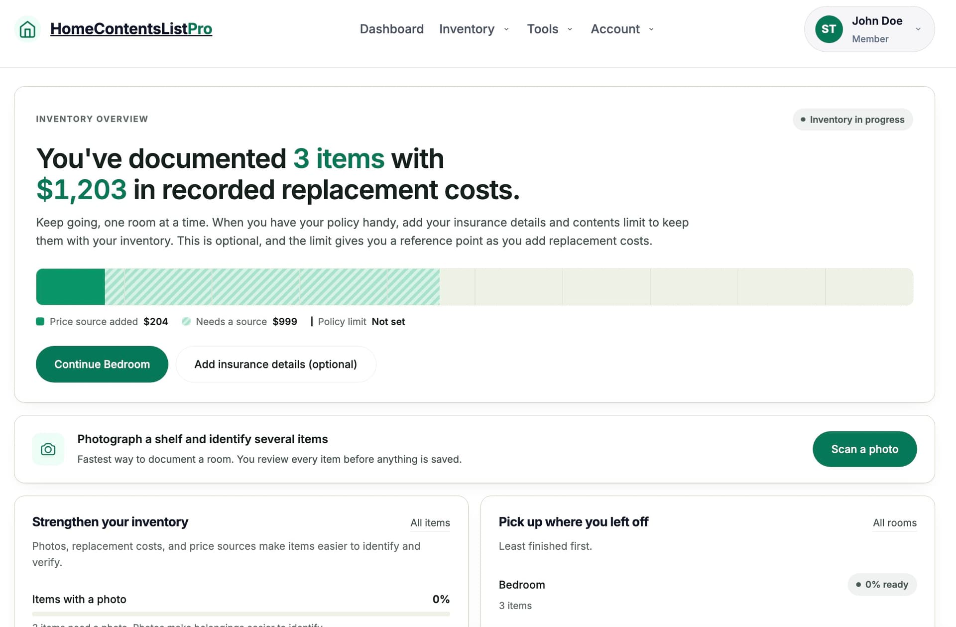 HomeContentsListPro inventory overview showing room-by-room records, documentation readiness, and replacement costs