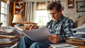 Person struggling with paperwork during insurance claim process