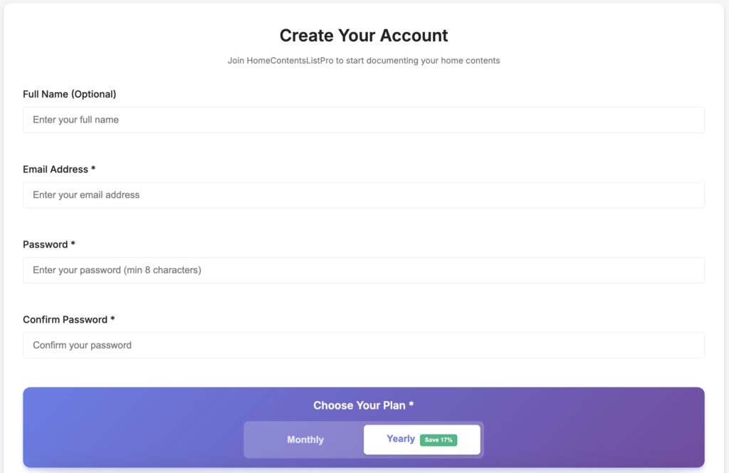 Sign Up for personal property inventory software
