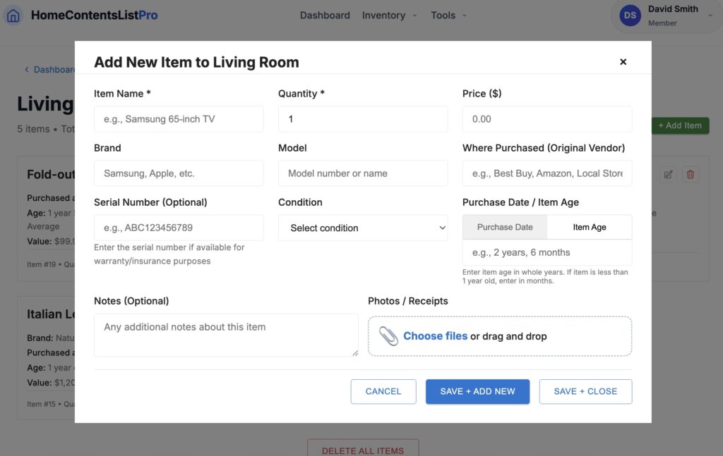 Add items to home insurance inventory tool