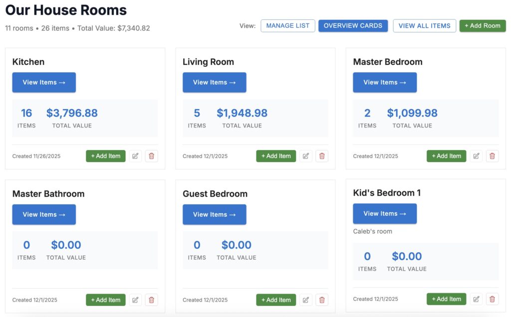 Room and House setup for digital home inventory