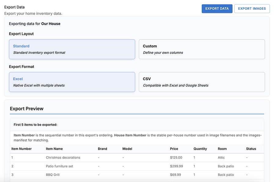 Home Contents List Pro export data screen with options for standard or custom layout, Excel or CSV format, and a preview of the items to be exported.