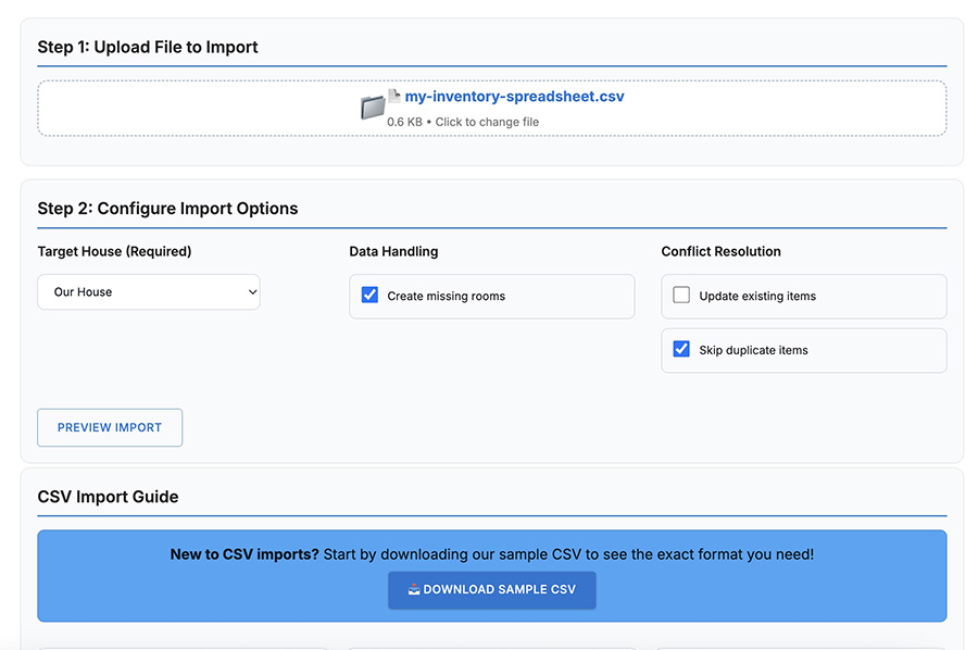 Home Contents List Pro import data screen with CSV file upload and a guide showing required and optional columns for items and rooms.