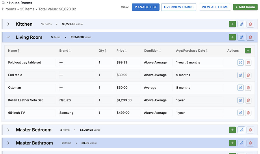 Home Contents List Pro manage list view with expandable rooms and a detailed table of items, prices, and conditions.