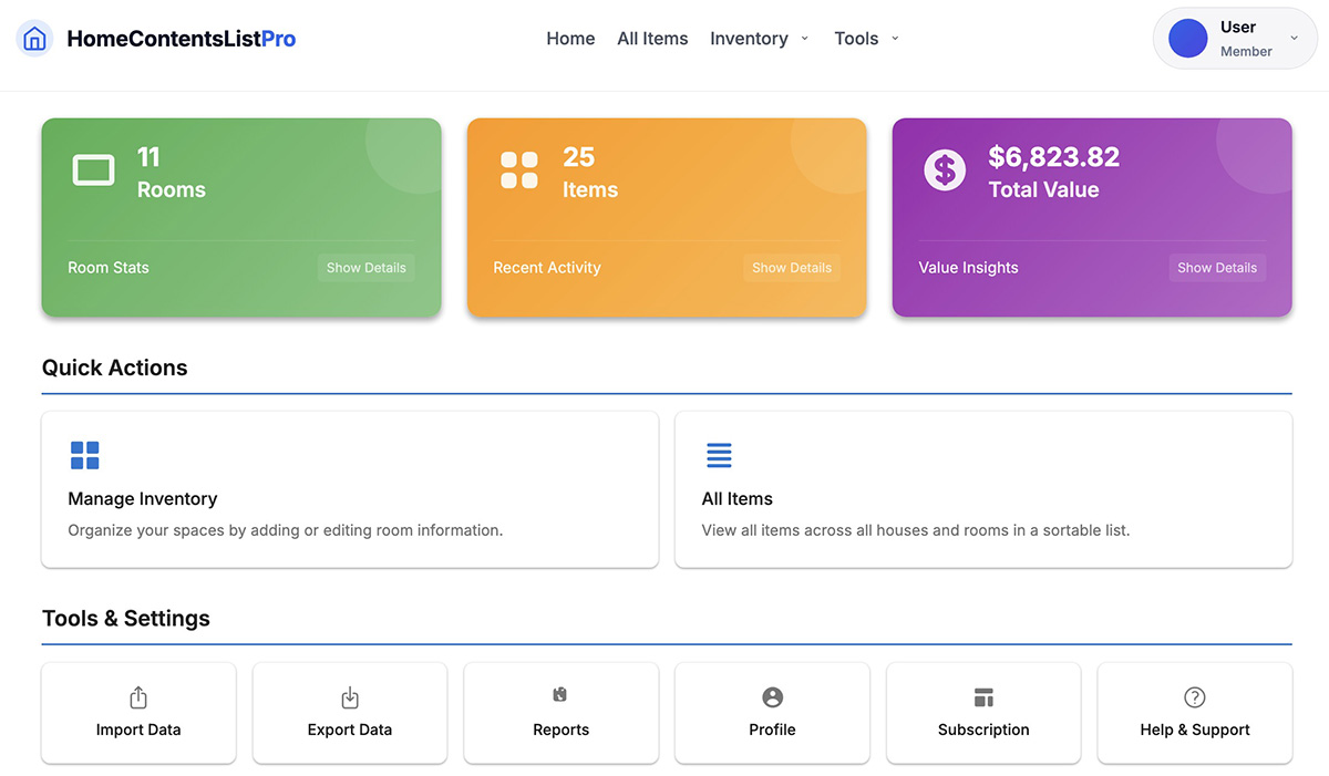 Home Contents List Pro dashboard showing rooms, items, and inventory totals